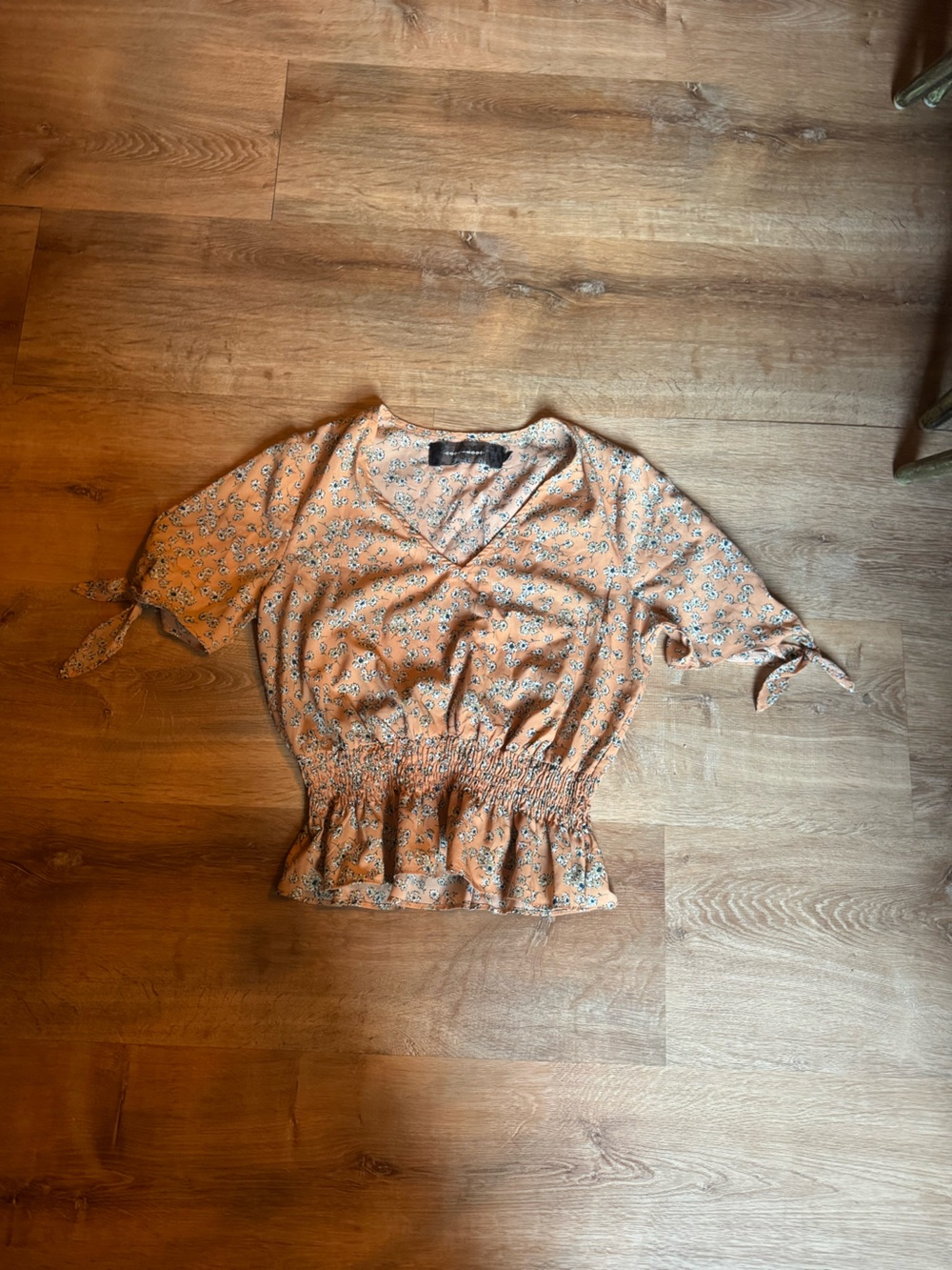 Peach Floral Tie-Sleeve Smocked Waist Top